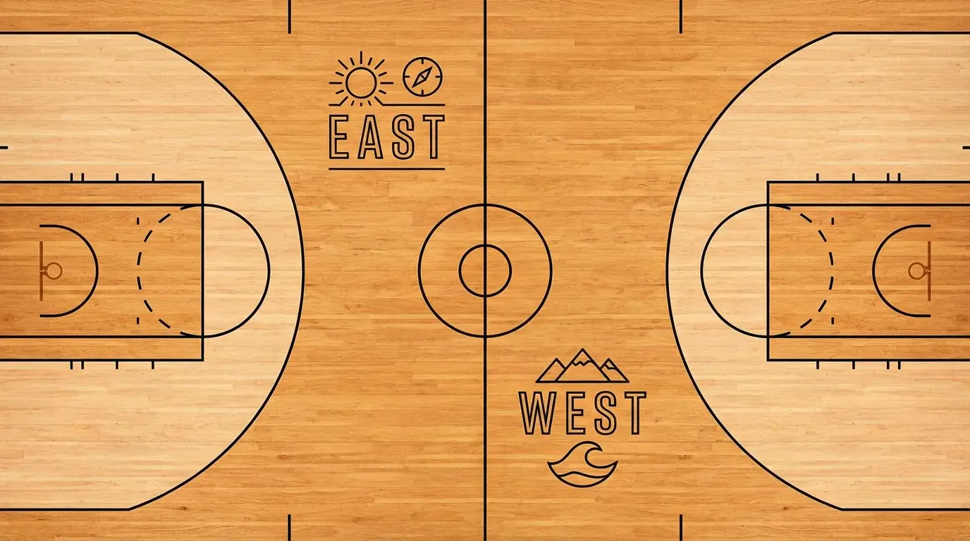 NBA-liigan rakenne ja 30 joukkueen jakautuminen kahteen konferenssiin